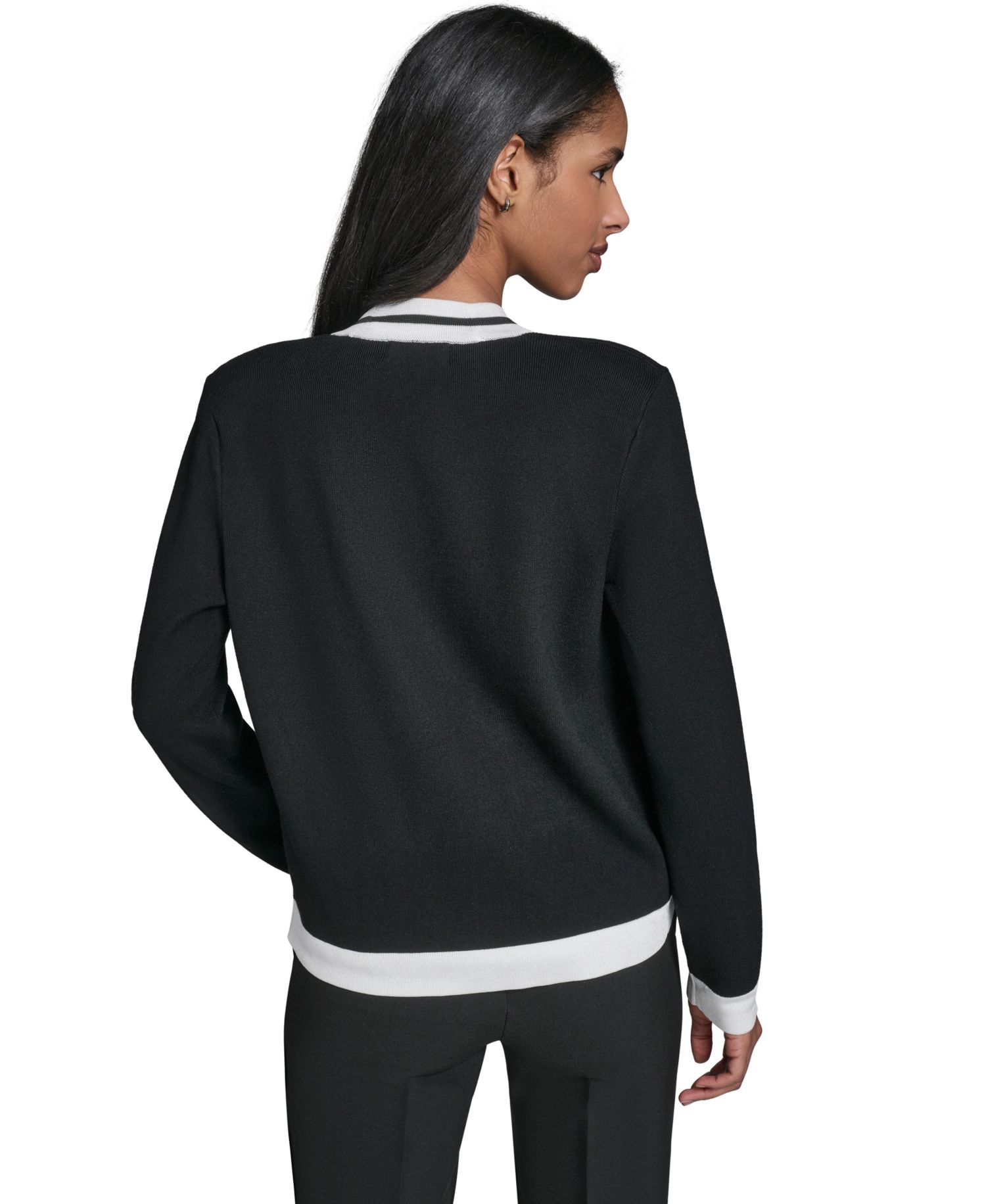 Petite Open-Front Long-Sleeve Knit Cardigan with Contrast Trim