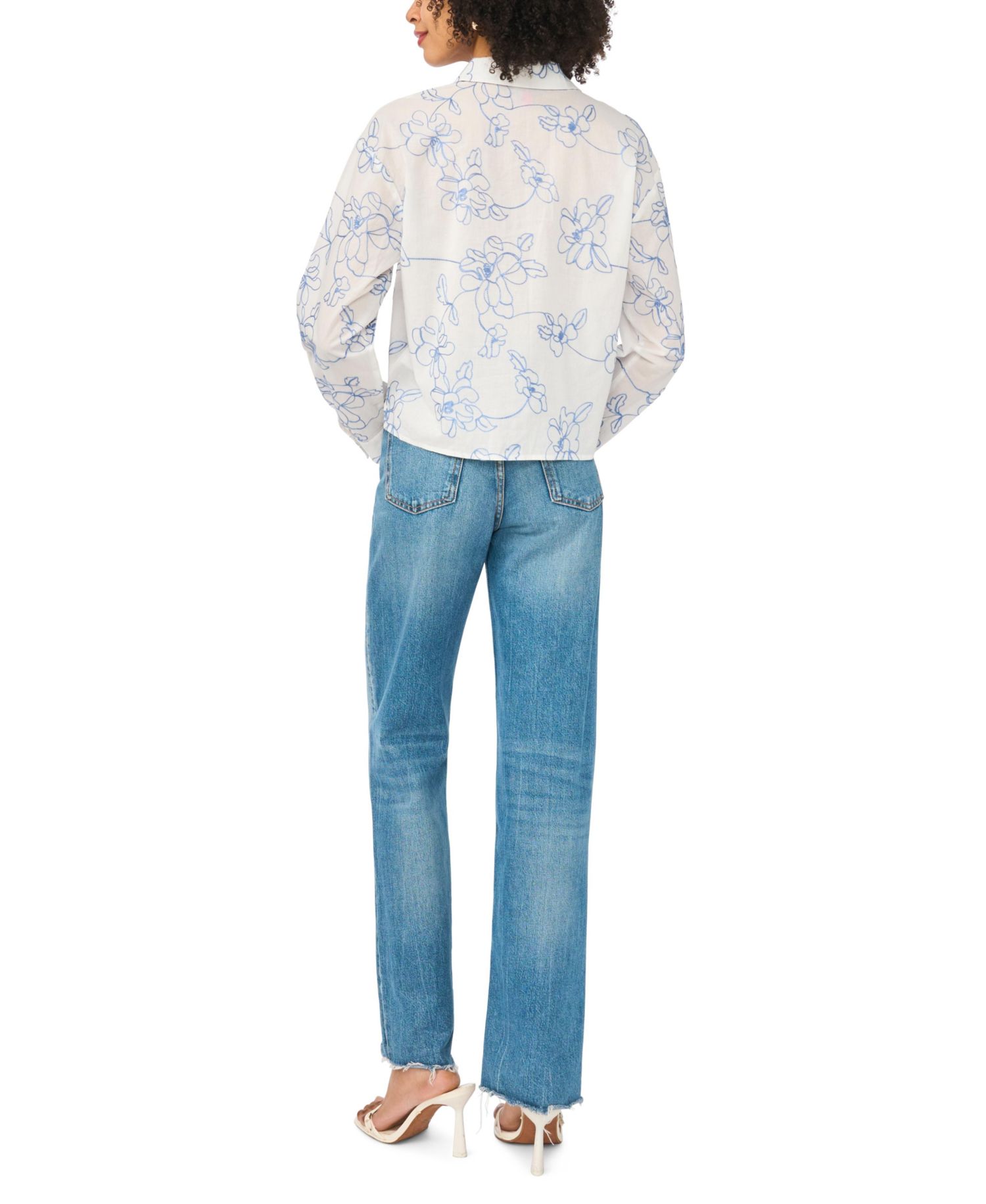 Women's Cropped Embroidered Button-Down Blouse