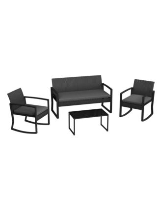4 Piece Patio Furniture Set, PE Rattan Outdoor Rocking Chair Conversation Set with Coffee Table, Outdoor Wicker Patio Table and Chairs Set