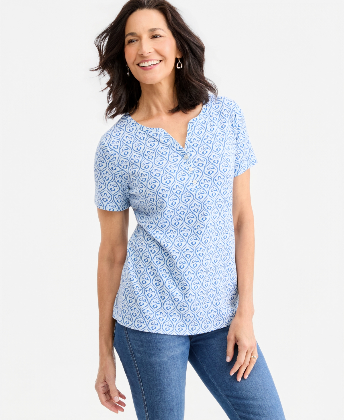 Style & Co Women's Printed Short-Sleeve Henley Top, Macy's Exclusive