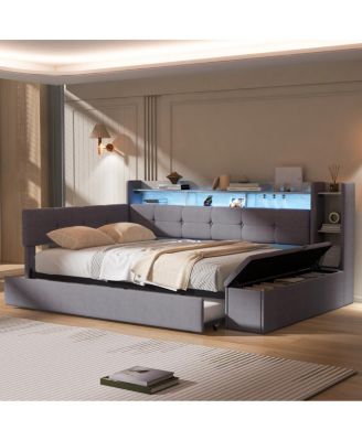 Twin Upholstery Daybed with Trundle, Storage, USB and LED Light