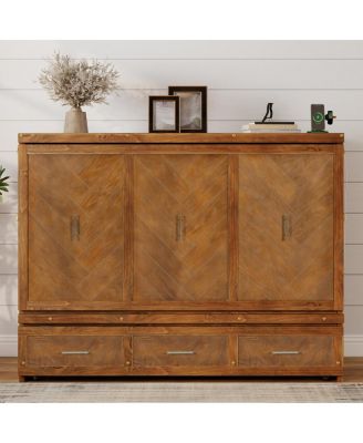 Pine Wood Murphy Cabinet Bed with USB Charging Station