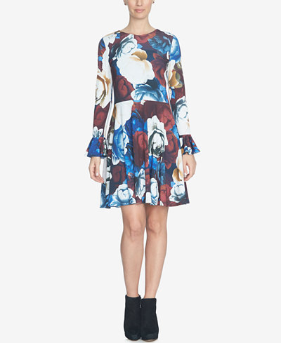 CeCe Printed Bell-Sleeve Fit & Flare Dress