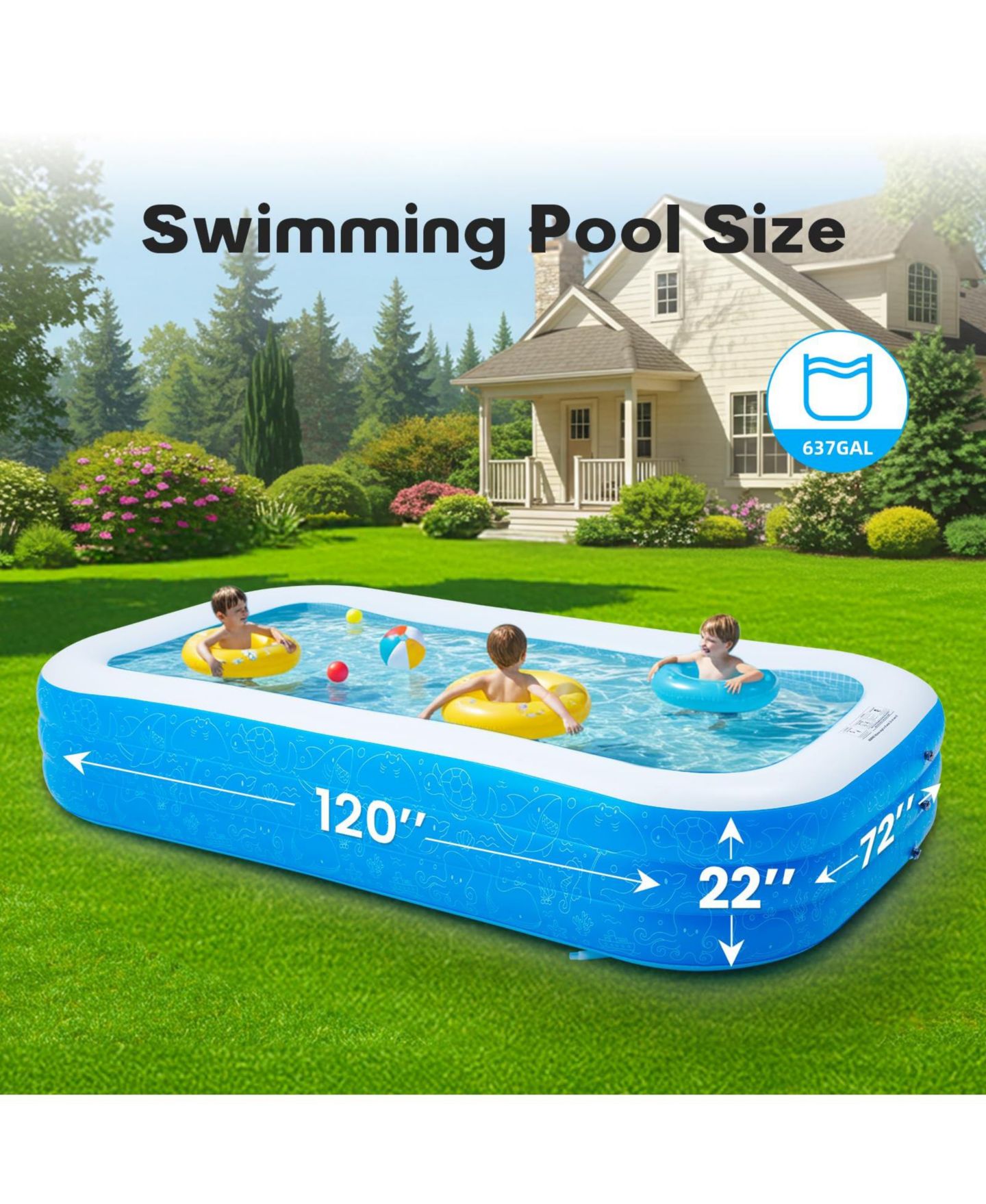 Детская игрушка GNUADZ 120-Inch Rectangular PVC Durable Inflatable Pool, 637-Gallon, Ages 3+, цвет: Синий — фото 3