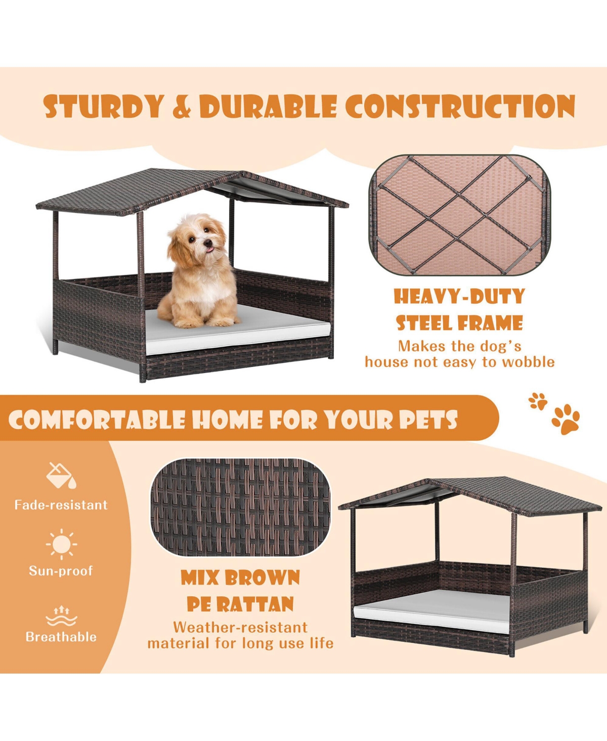 Gymax Wicker Dog House w/ Cushion Lounge Raised Rattan Bed for Indoor/Outdoor