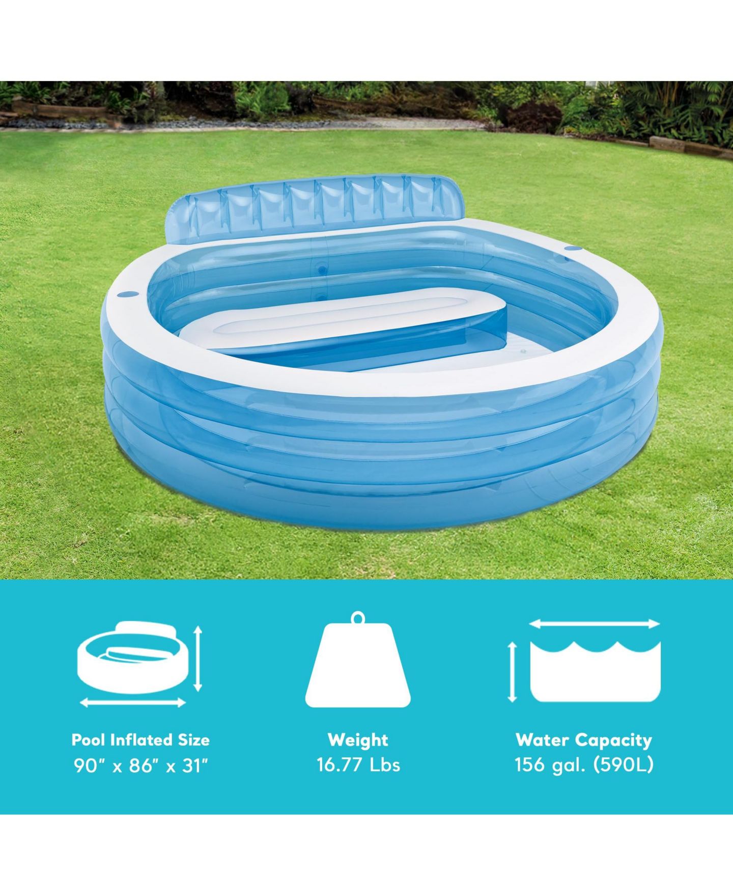 Детская игрушка GNUADZ Swim Center Inflatable Family Lounge Pool, 90"L x 86"W x 31"H, 156 Gallons, Ages 3+, цвет: Синий — фото 4