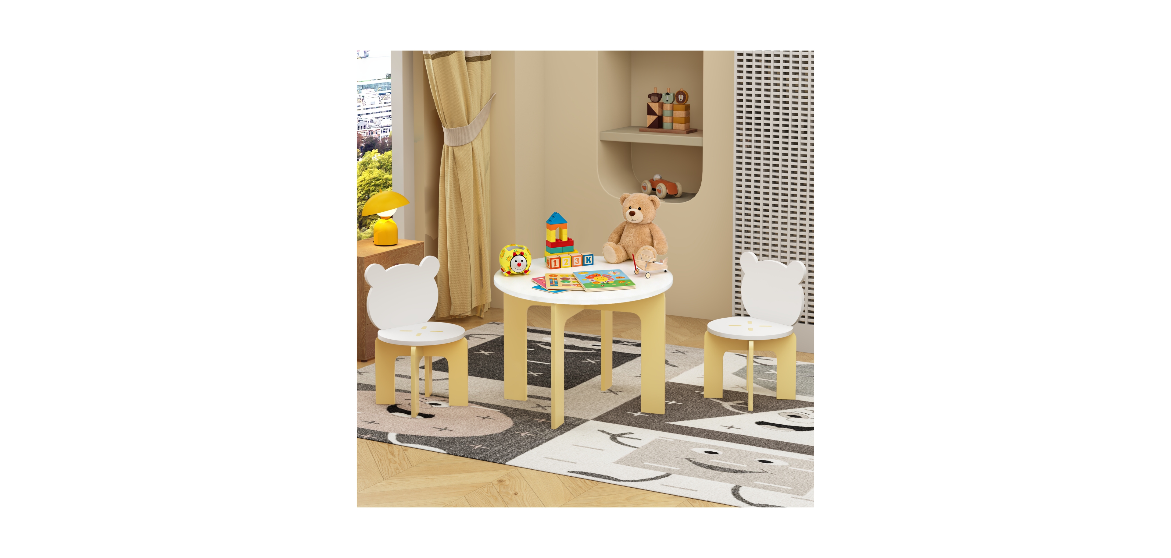 Rainsken 3 Piece Wood Table and Chair Set, with 2 Bear-Back Chairs, Wood Activity Table Drawing Play Table Set, for Drawing, Snacks