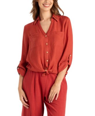 Women's Texture Gauze Collared Button-Front Top