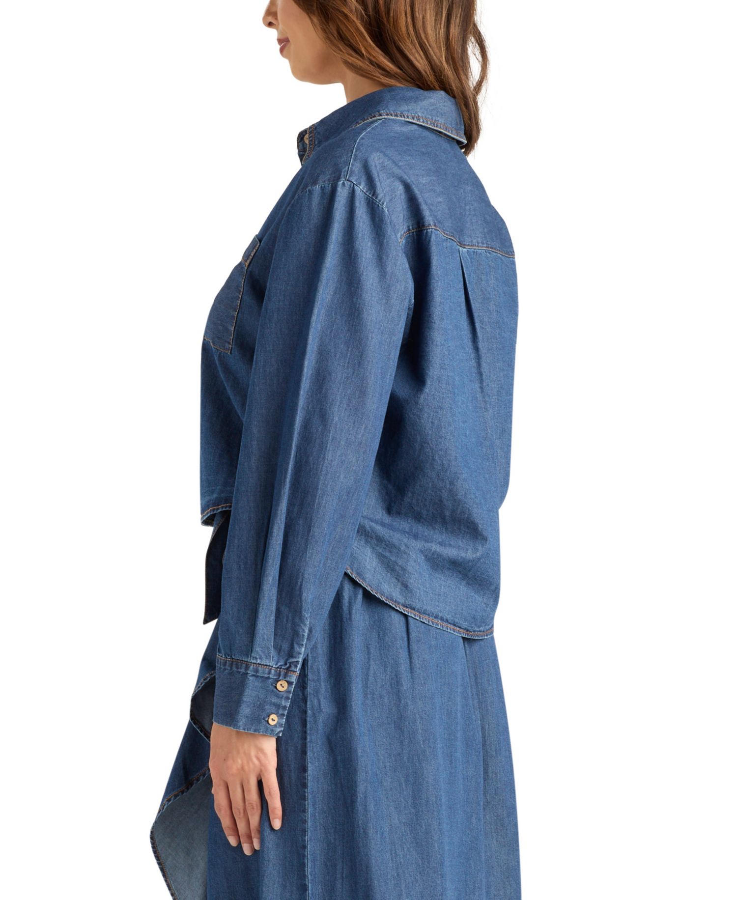 Women's Denim Long-Sleeve Collared Crop Top