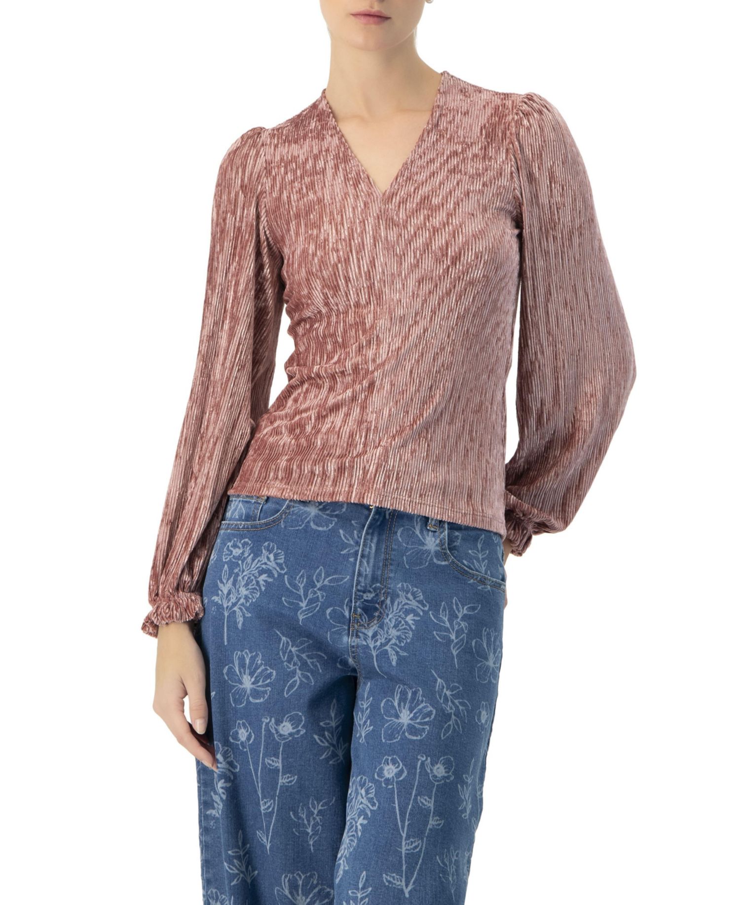 Women's Pleated Velvet V-Neck Blouse