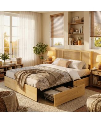 Rattan Bed with Headboard, Bed Frame with LED Lights and 4 Storage Drawers, Wood Foundation with Silent Slats, No Box Spring Needed