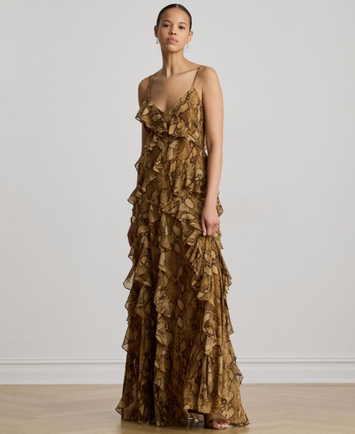 Lauren Ralph Lauren Women's Python-Print Ruffle-Trim Georgette Gown