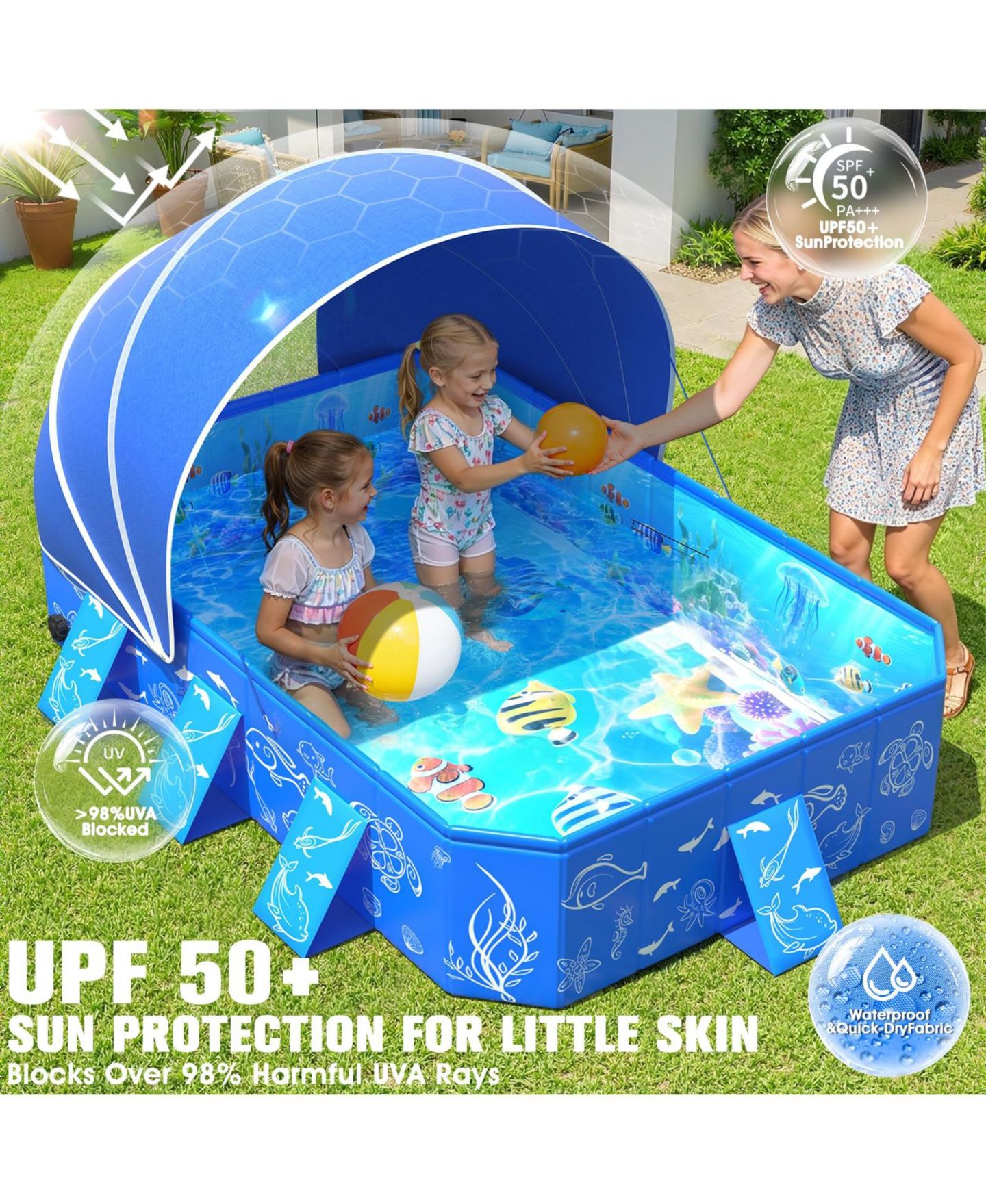 Детская игрушка GNUADZ Non-Inflatable Pop-Up Foldable Kiddie Pool with Canopy, 53"L x 40"W x 33"H, Ages 5+, цвет: Синий — фото 2