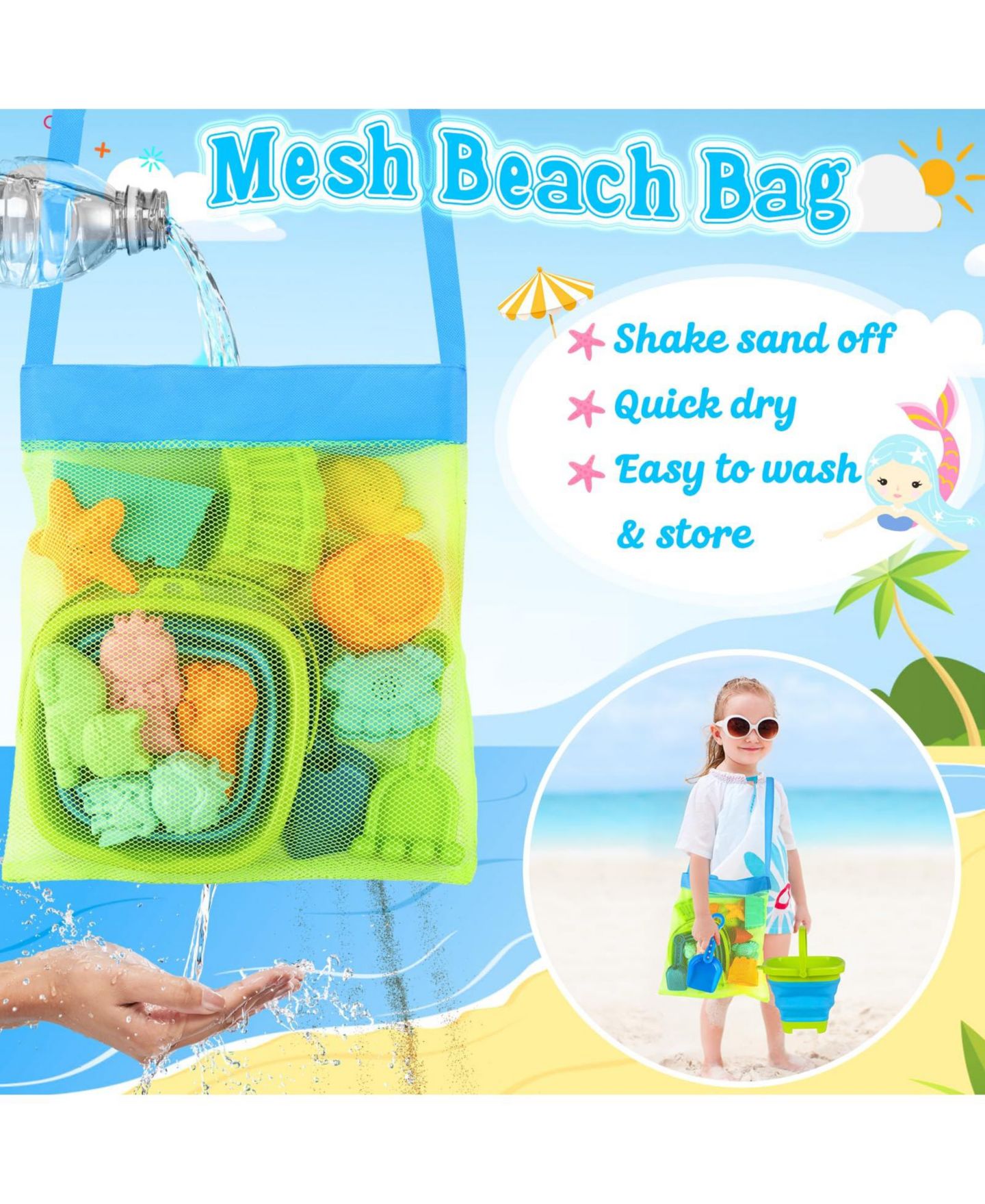 Детские игрушки GNUADZ Collapsible Silicone Sand Castle Kit Beach Bucket, 16-Piece, Ages 3-10, цвет: Разноцветный — фото 3