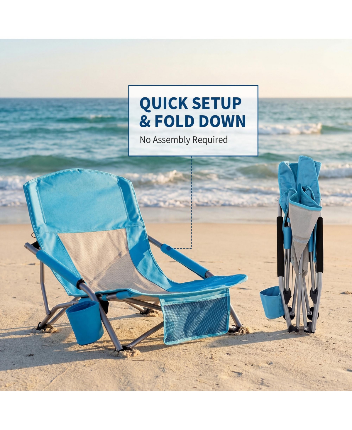 gaomon Portable Folding Low Beach Chair with Cup Holder, Storage Pocket for Camping, Beach, Travel