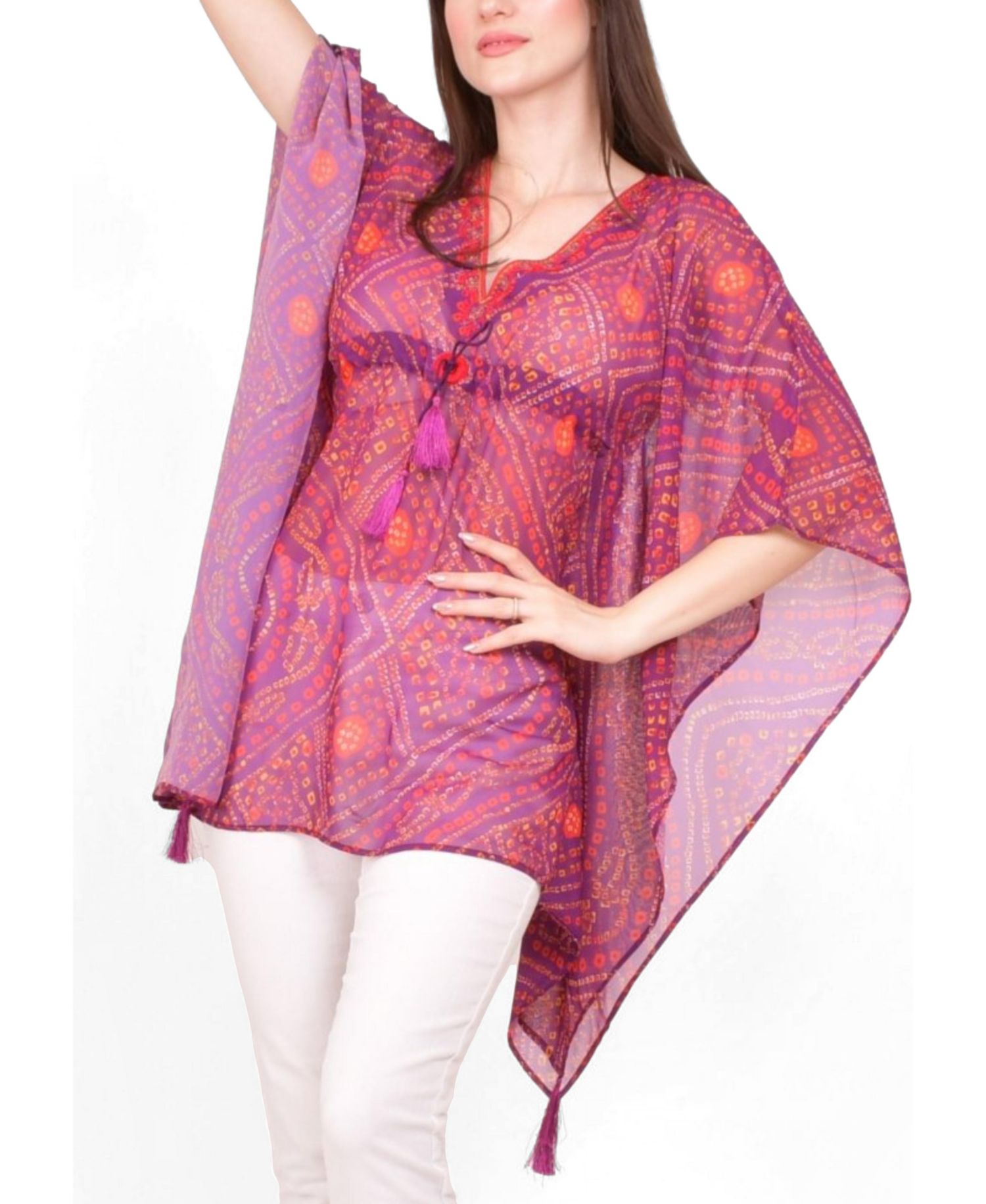 Women's Mirror Embroidered Bandhani Georgette Kaftan Top