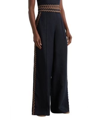 Women's Linen Wave-Trim Wide-Leg Trousers