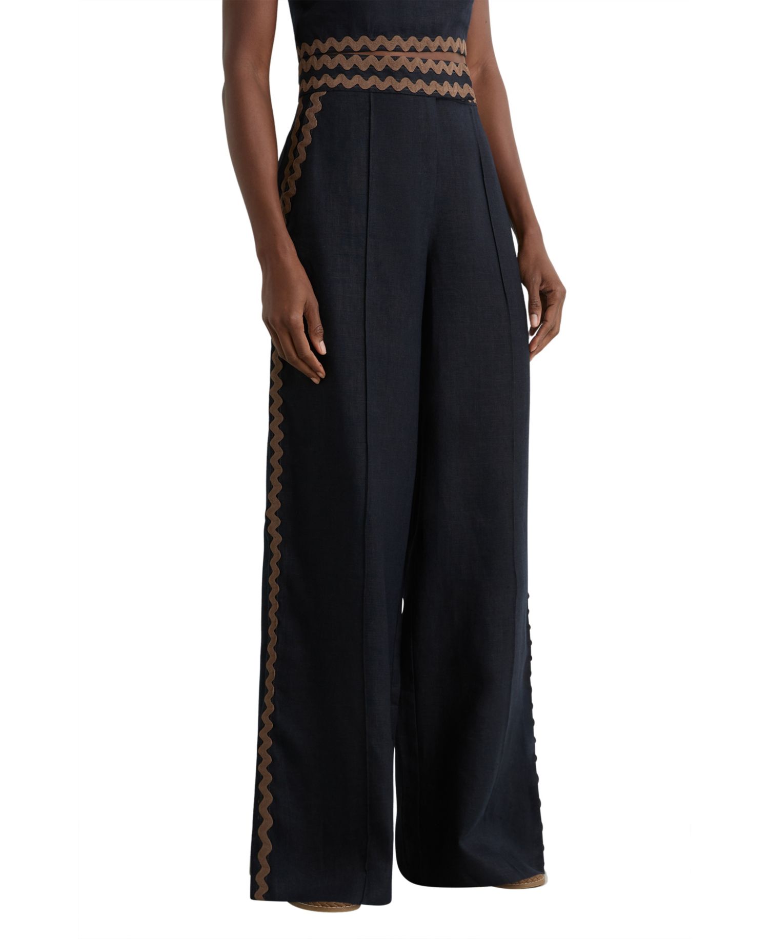 Women's Linen Wave-Trim Wide-Leg Trousers