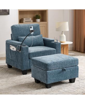 Recliner Sofa with Ottoman, USB, Phone Stand, Storage