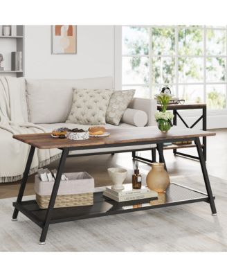 Coffee Table, 2-Tier Center Table with Wood Legs and Thickened Top,  Living Room with Rounded Corners, Side Table for Office