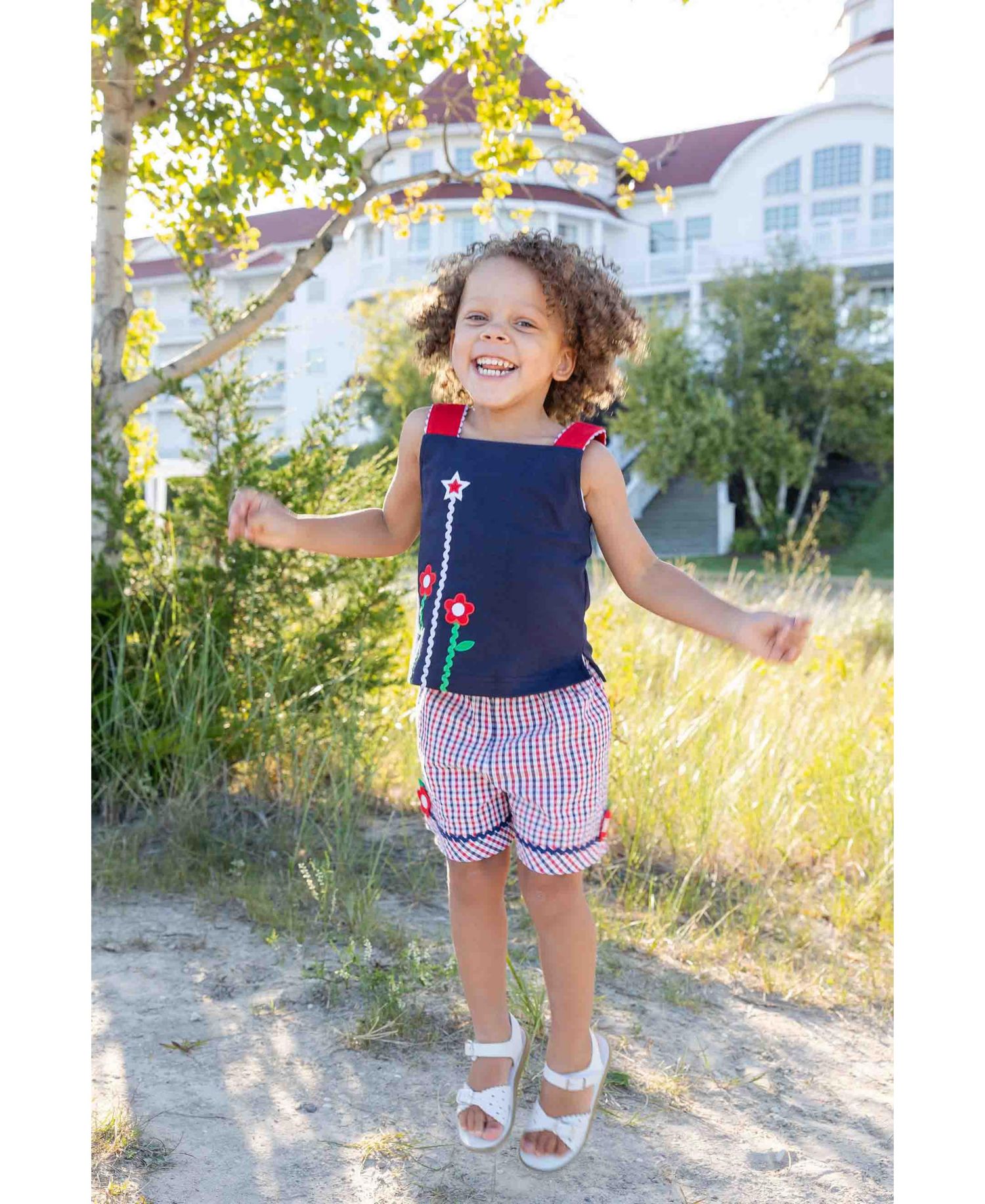 Little Girls Plaid Seersucker Shorts With Ric Rac and Flowers