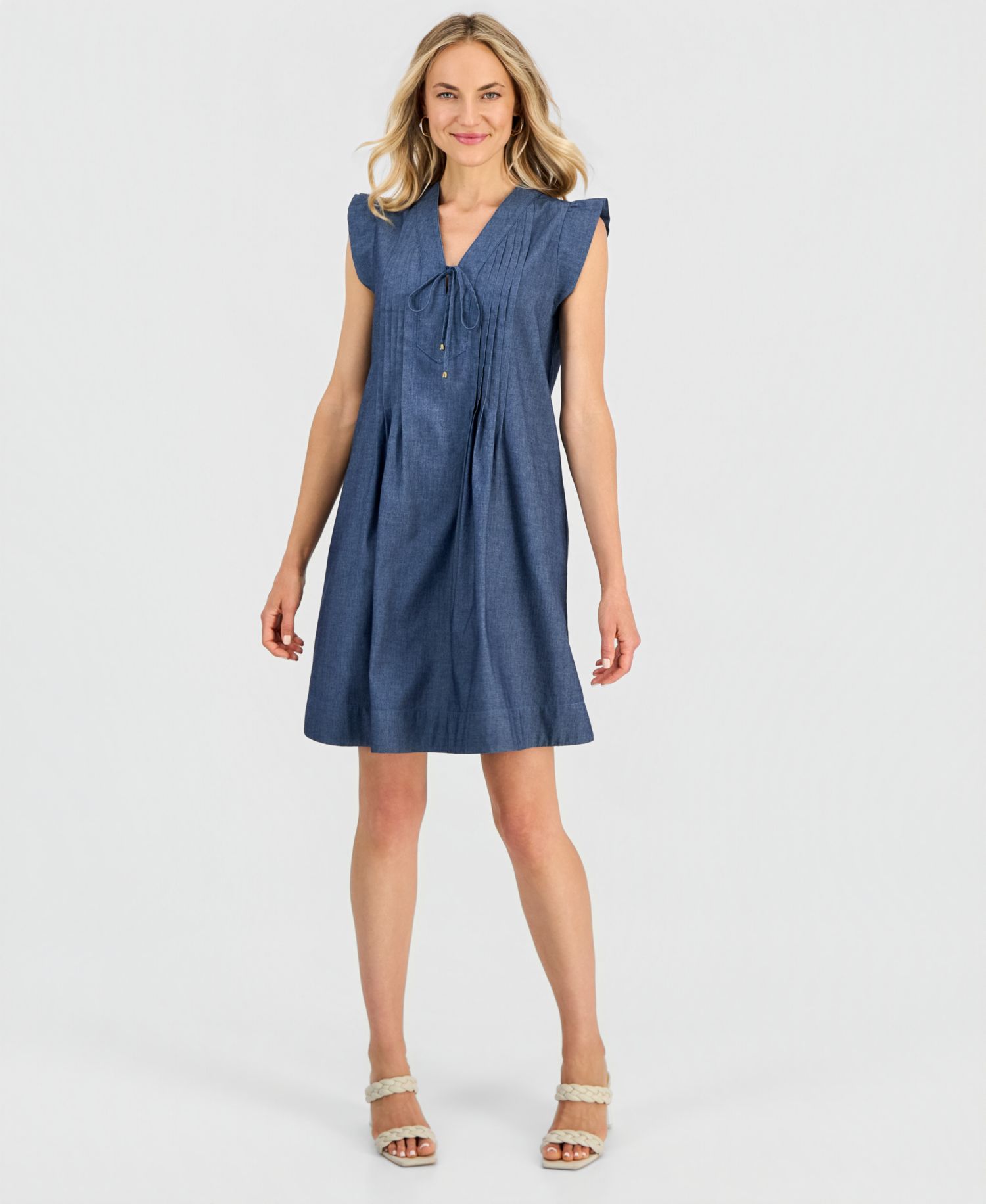 Women's V-Neck Pintuck Shift Dress
