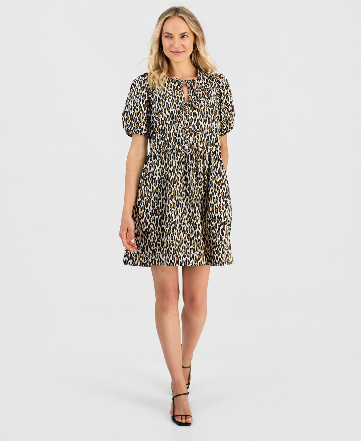 Женское платье Robbie Bee Printed Puff-Sleeve Cotton Mini, цвет: Коричневый — фото 1
