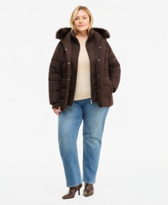 Plus Size Bibbed Faux-Fur Hooded Utility Puffer Coat