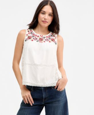 Women's Embroidered-Yoke Lace-Inset Top