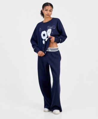 Juniors' Wide Fleece Contrast-Waist Sweatpants