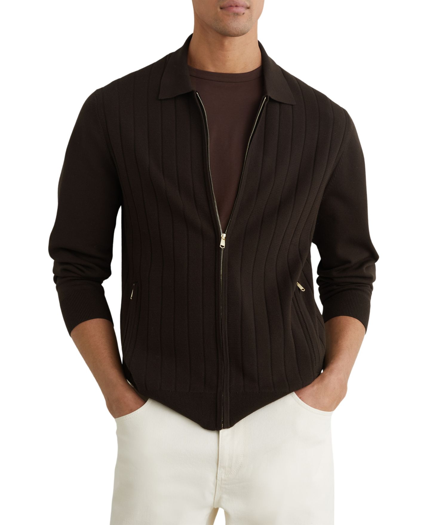 Мужской кардиган REISS Marsh Zip Through Wide Ribbed Cardigan, цвет: Шоколадный коричневый — фото 1