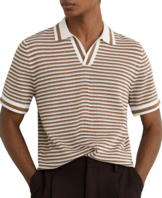 Men's Carl Ford Textured Stripe Linen Blend Open Neck Polo Shirt