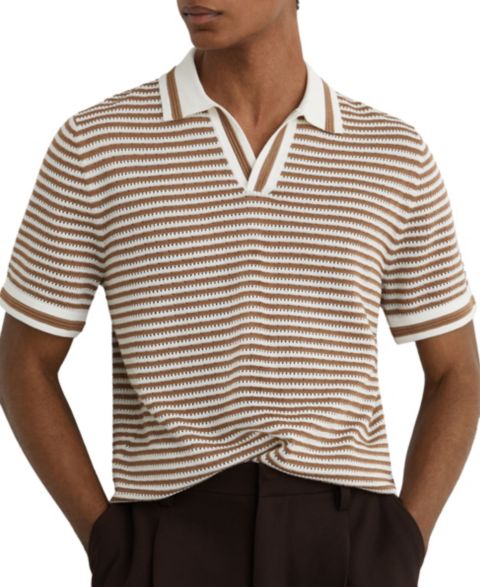 Мужское поло REISS Carl Ford Textured Stripe Linen Blend Open Neck Polo Shirt, цвет: Верблюжий / Белый