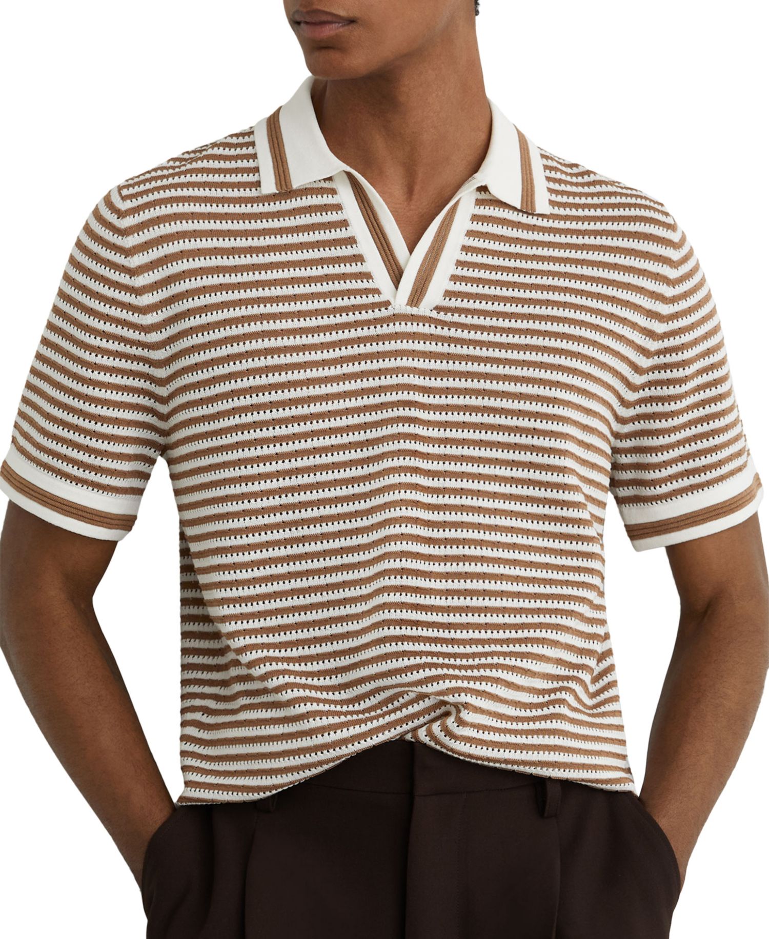Men's Carl Ford Textured Stripe Linen Blend Open Neck Polo Shirt