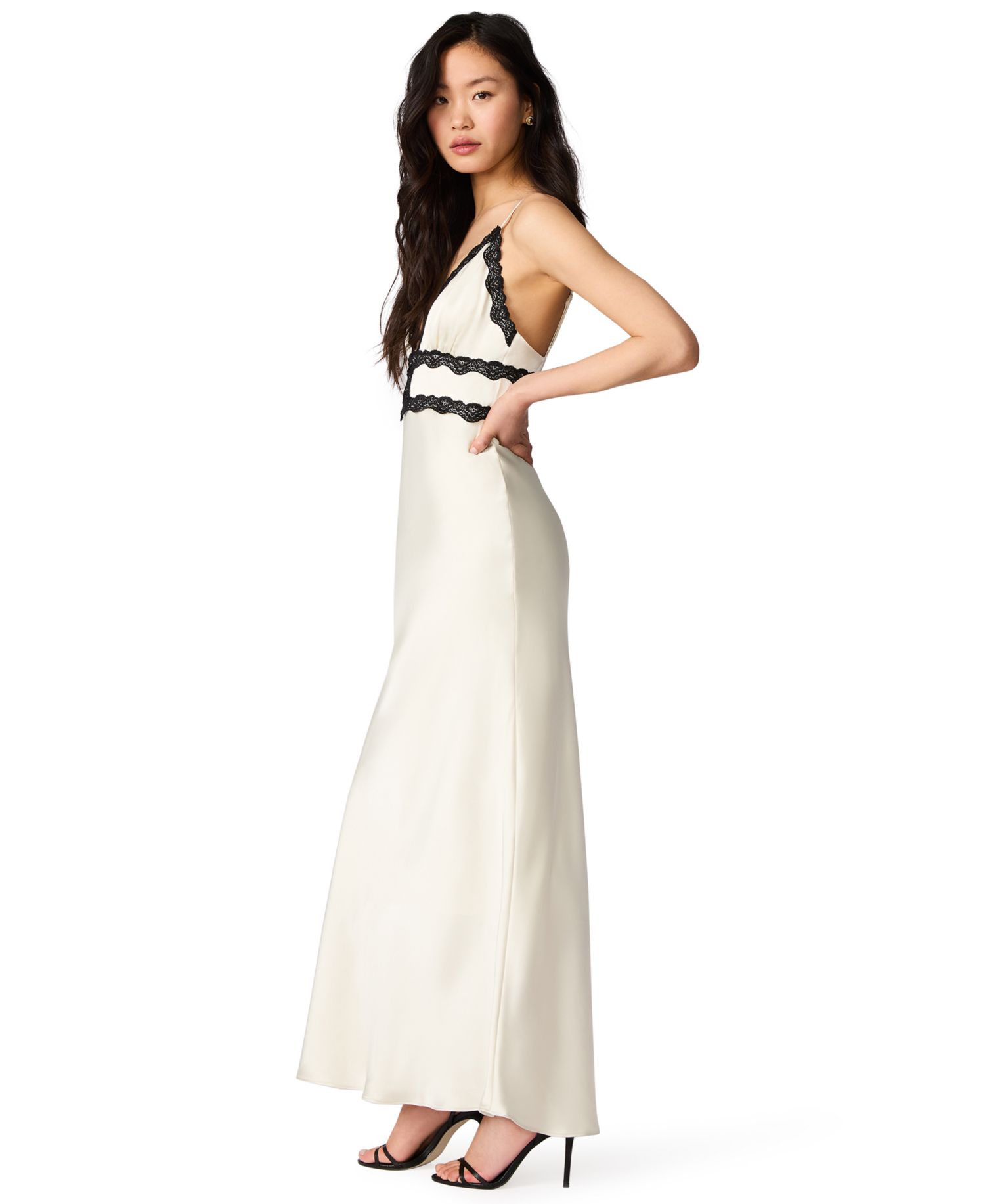 V-Neck Midi Dress with Black Lace Detailing