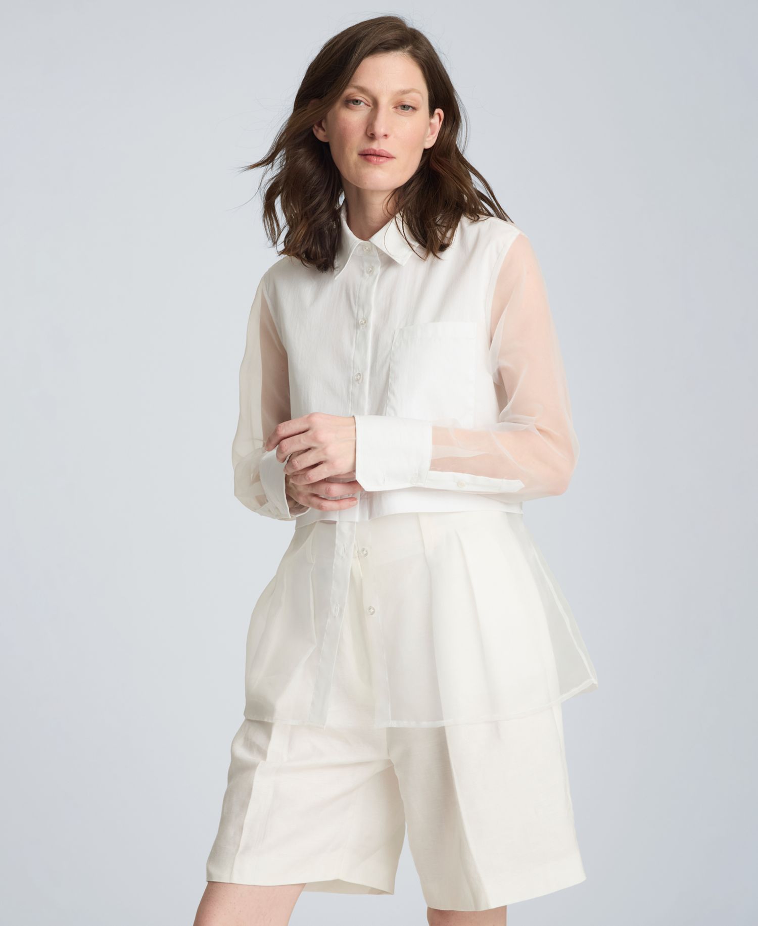 Women's Button Front Shirt with Sheer Overlay