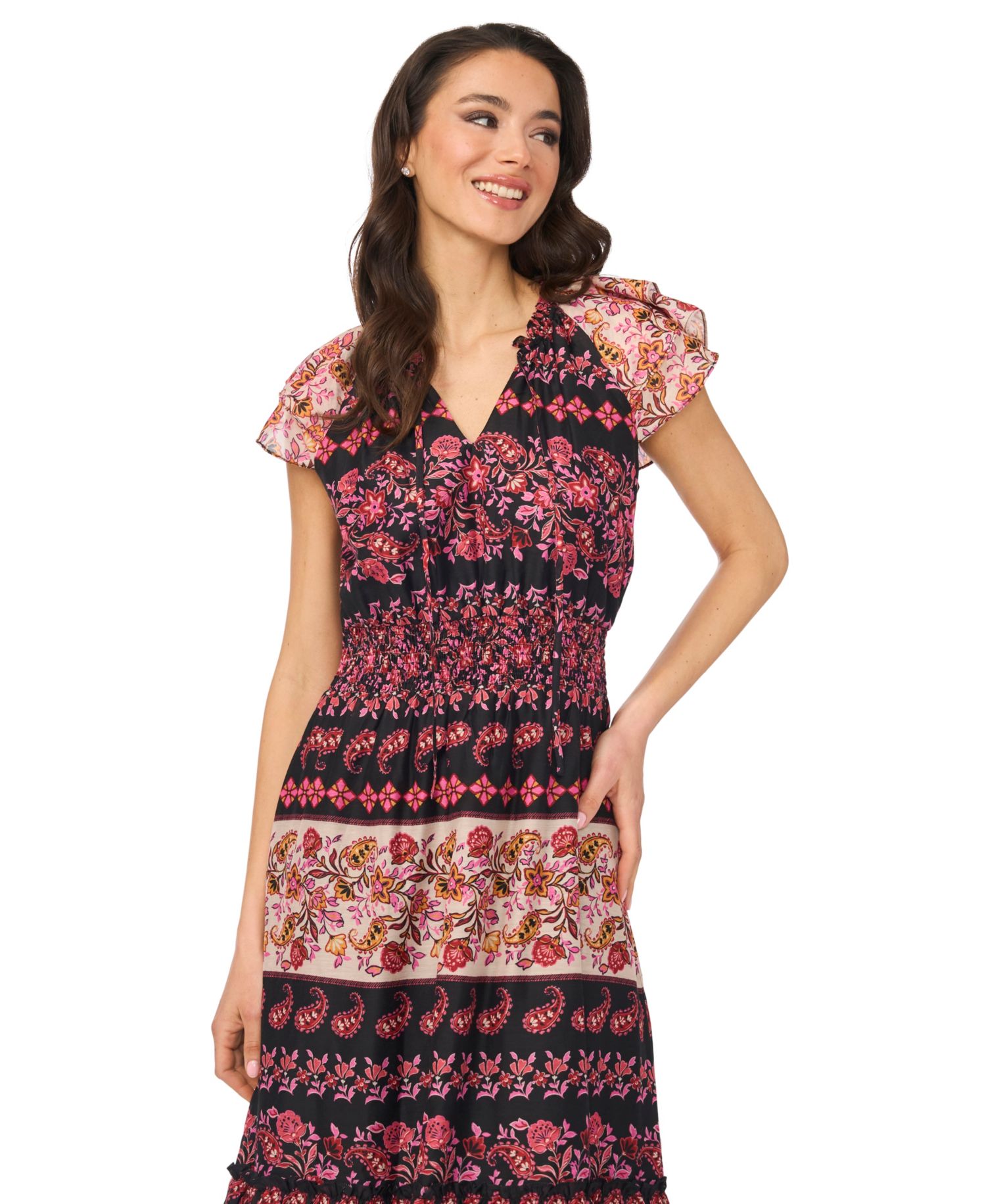 Women's Tie-Neck Smocked Waist Printed Dress