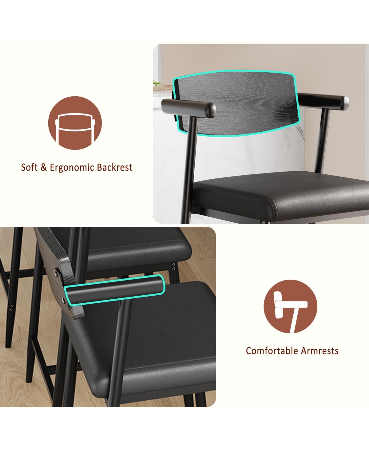 homfan 26" Counter Height Bar Stools with Arms - Metal Frame, Wood Back, Footrest, Wide Seat, Sturdy for Kitchen Island or Home Bar