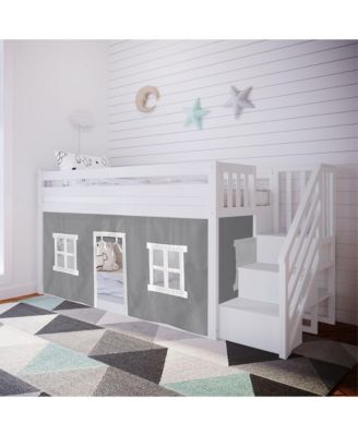 Twin Low Bunk Bed with Staircase and Curtains