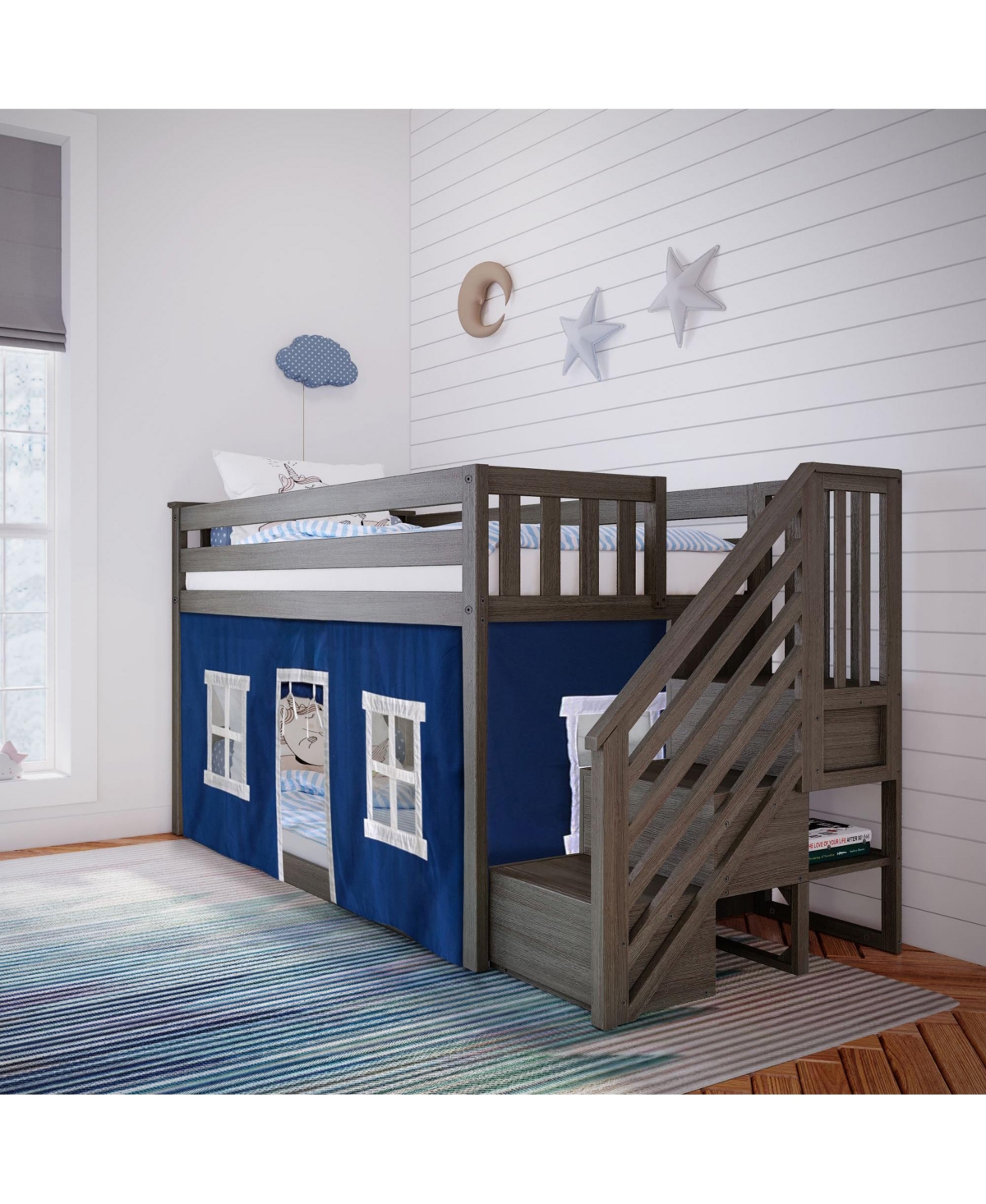 Max & Lily Twin Low Bunk Bed with Staircase and Curtains