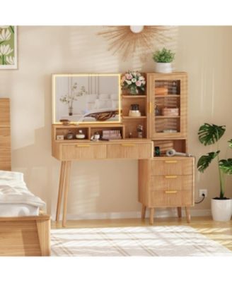 Modern Makeup Vanity Desk with 24 in HD LED Mirror, 5 Drawers, Power Outlet & USB Ports, Wood Finish