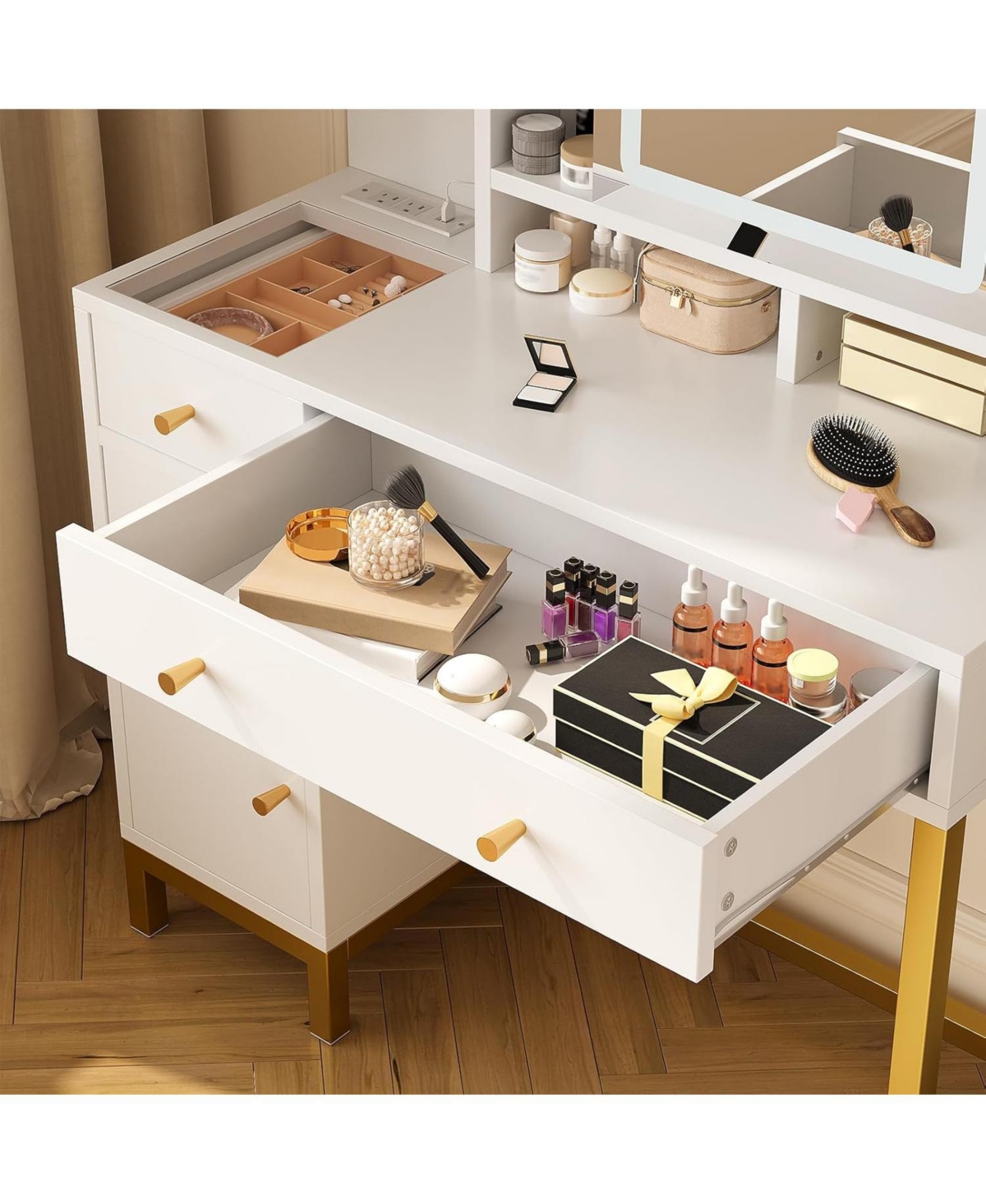 gaomon Makeup Vanity with Led Mirror & Charging Station, Acrylic Top, 3 Drawers, Shelves & Cabinet