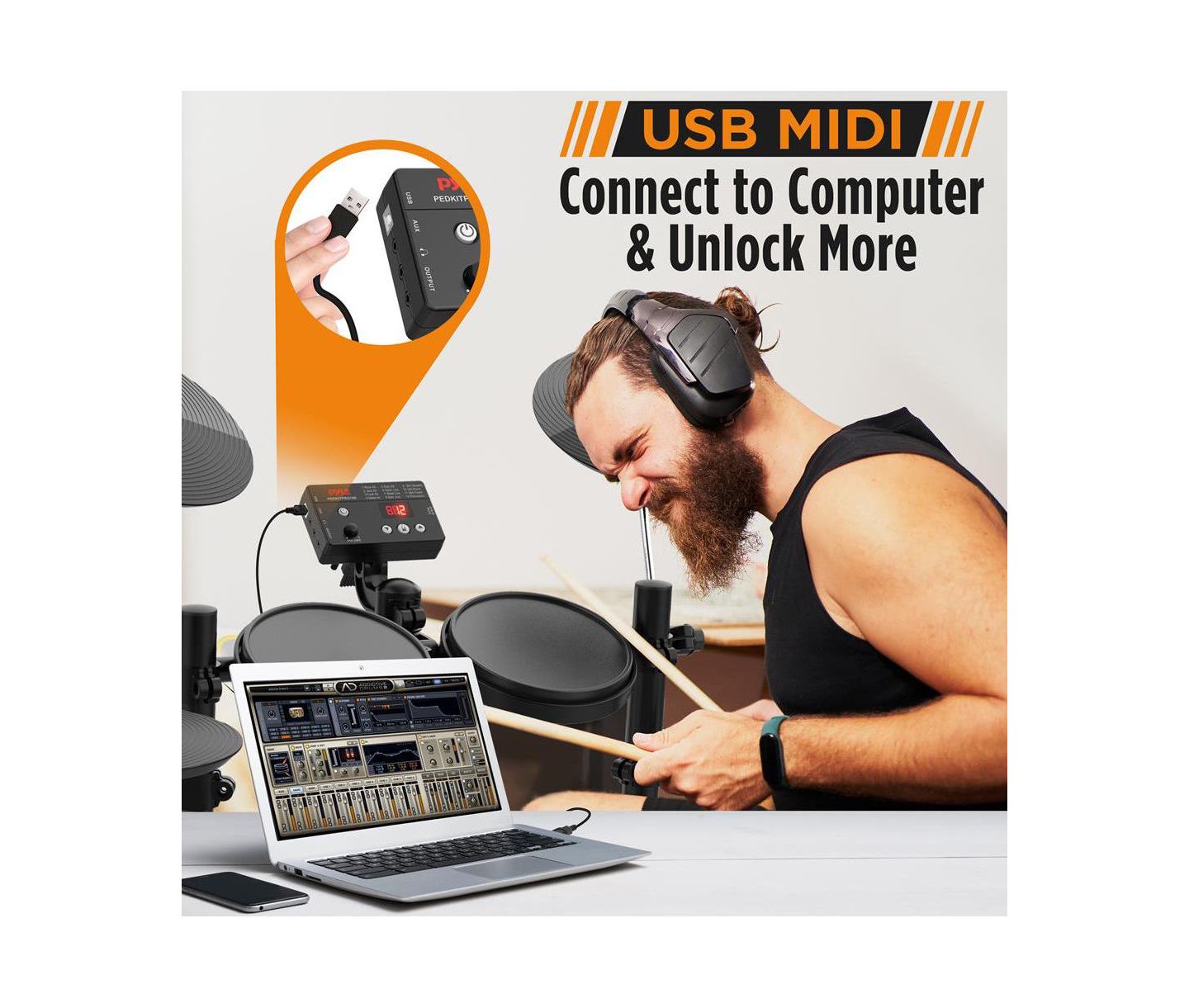 Детские игрушки Pyle 7-Piece Electric Drum Set with MIDI Support, Preloaded Sounds, Cymbals, Foot Pedals, and Mac/PC Compatibility, цвет: Чёрный — фото 3