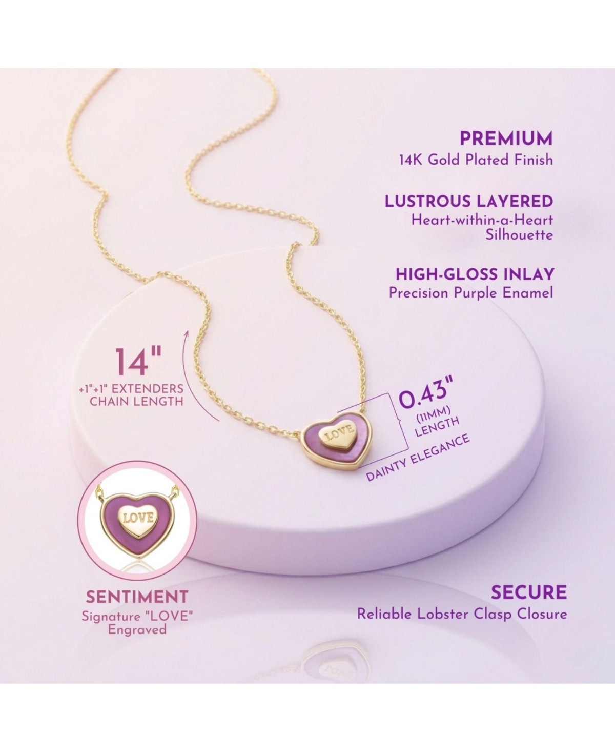 GiGiGirl 14K Gold Plated with White Mother Of Pearl or Purple Enamel & "Love" Inscription Heart Design Necklace