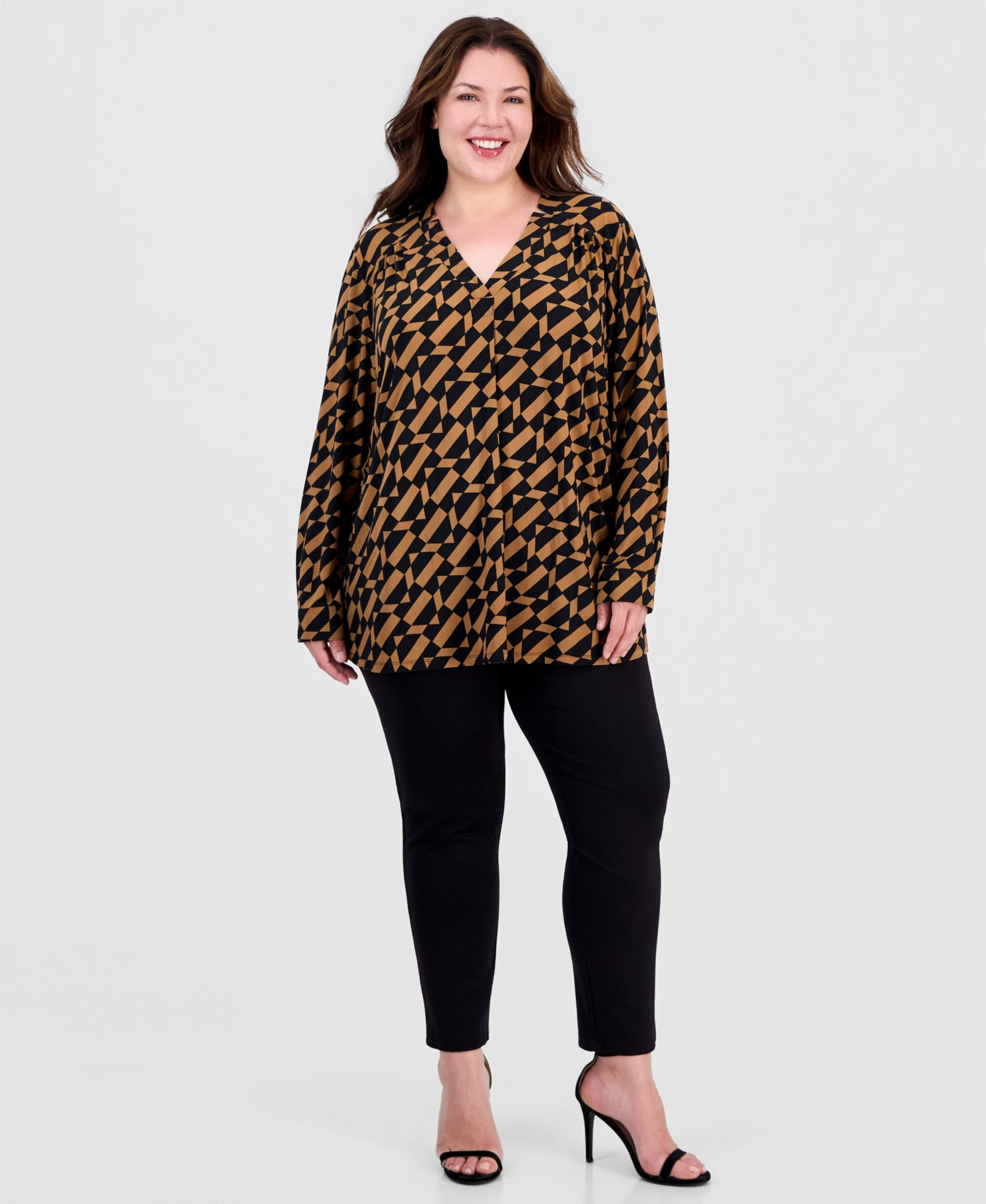 Plus Size Long-Sleeve V-Neck Geometric Blouse