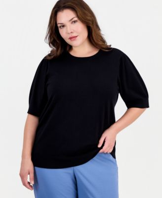 Plus Size Puffed-Sleeve Crewneck Sweater
