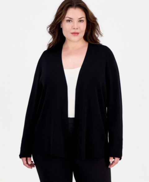 Женский кардиган Anne Klein Essentials Plus Size Collarless Open-Front Long-Sleeve, цвет: Чёрный