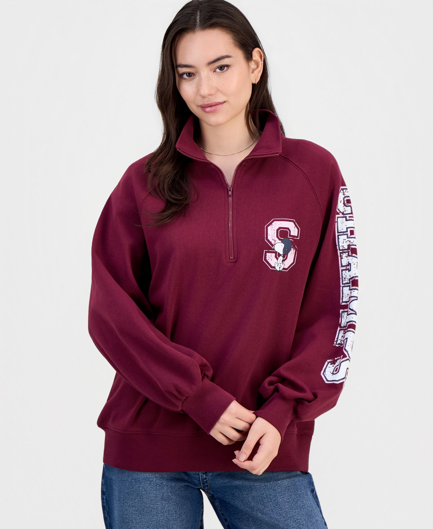 Juniors' Snoopy Quarter-Zip Fleece Sweatshirt