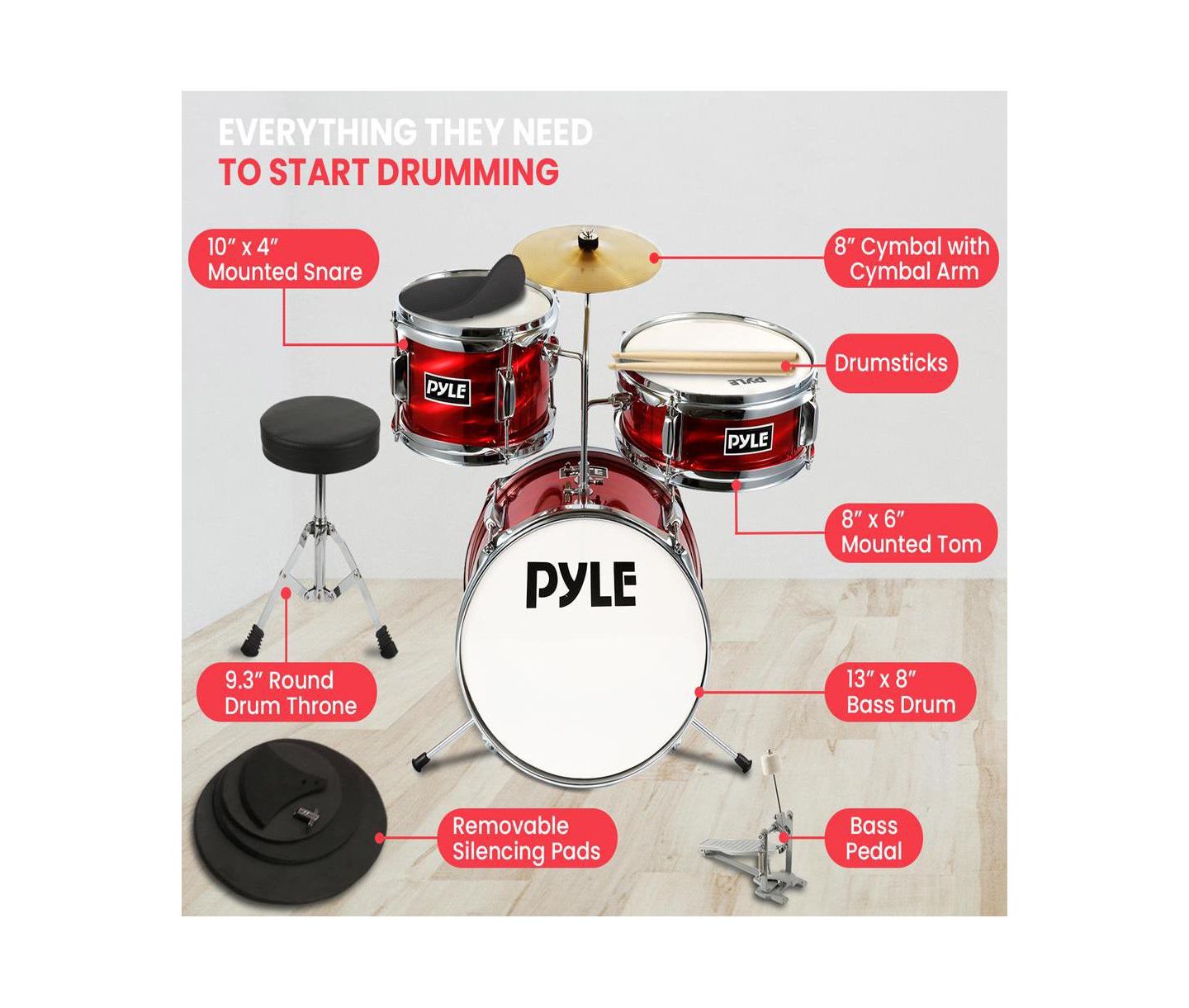 Детские игрушки Pyle 3-Piece Kids Drum Set - 13" Metallic Red Junior Drum Kit with Throne, Cymbal, Bass Pedal, Tom & Drumsticks — фото 4