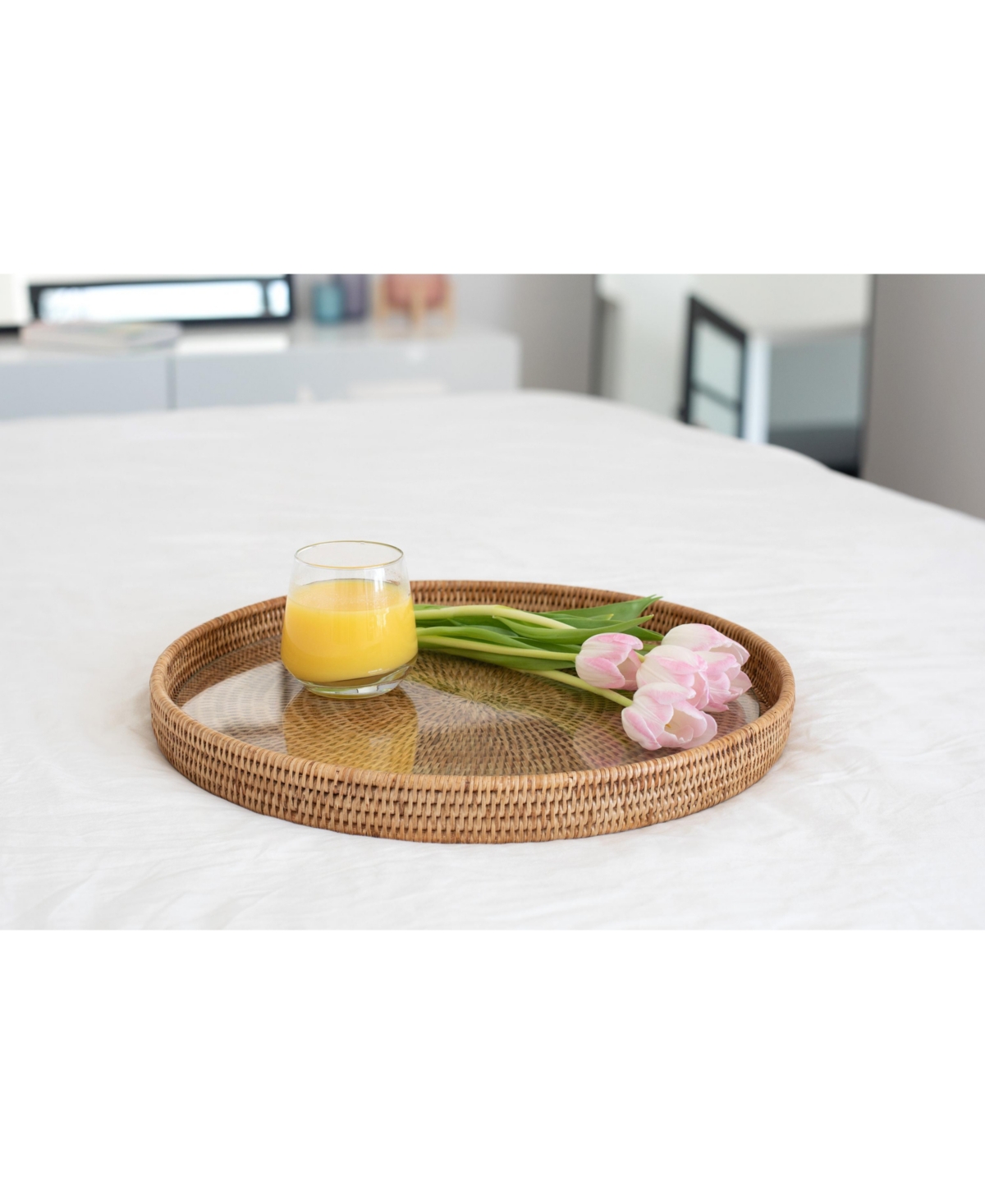 Artifacts Trading Company Rattan Round Serving-Ottoman Tray with Glass Insert